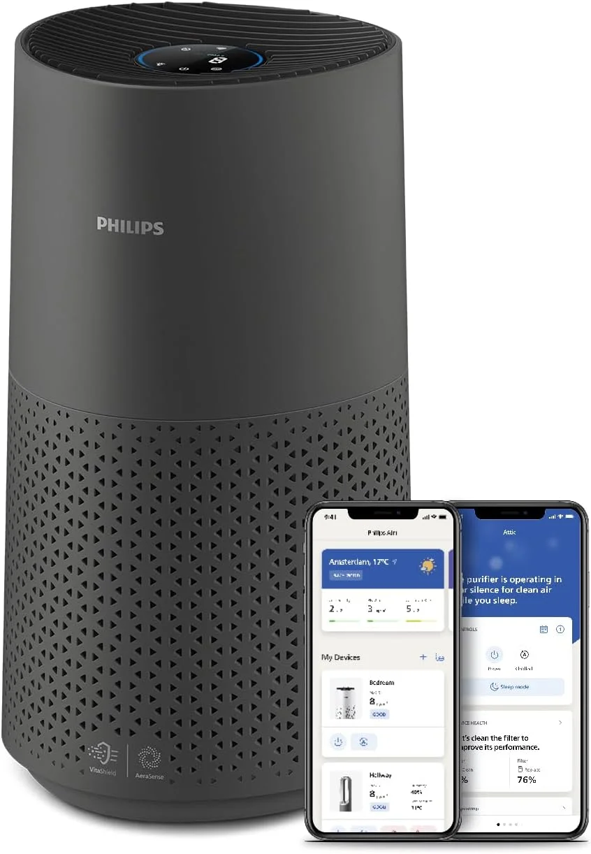 دستگاه تصفیه هوا هوشمند سری 1000i Versuni Philips، مناسب برای اتاق‌هایی تا 78 متر مربع، حذف 99.97% گرده، آلرژی، گرد و غبار و دود، حالت خواب، خاکستری تیره (AC1715/11)