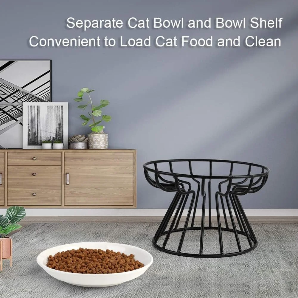 کاسه غذای گربه AMERTEER - سرامیکی مناسب سبیل - بشقاب استخوانی 6 اینچی با قاب آهنی مشکی - کاسه مرتفع ضد استفراغ برای گربه ها و سگ ها - ظرف غذا و آب برای محافظت از مهره های گردنی