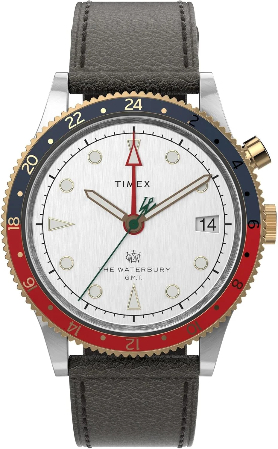 ساعت مچی کوارتز مردانه تایمکس Waterbury Traditional GMT 39mm مدل TW2U99100VQ، مشکی/قرمز/آبی/سفید، سایز One Size، ساعت مچی بند چرمی 39 میلی متری Waterbury Traditional GMT