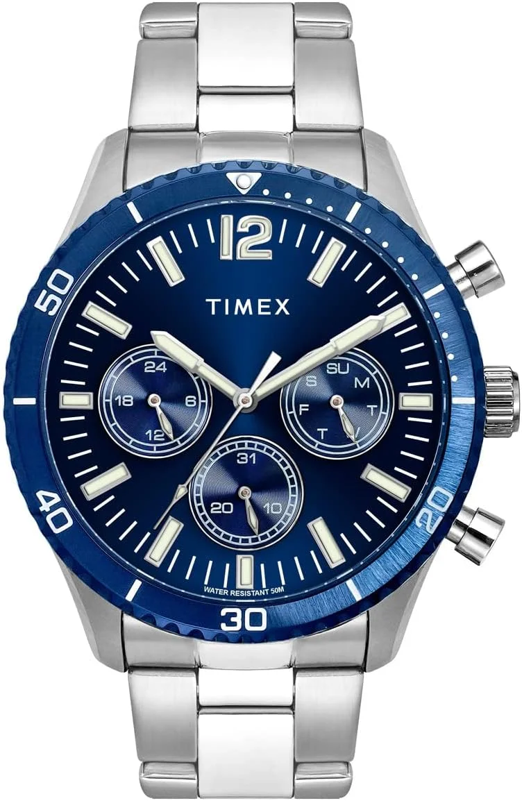 ساعت مچی آنالوگ مردانه TIMEX با صفحه گرد آبی و بند استیل ضد زنگ نقره ای مقاوم در برابر آب - TWEG22203