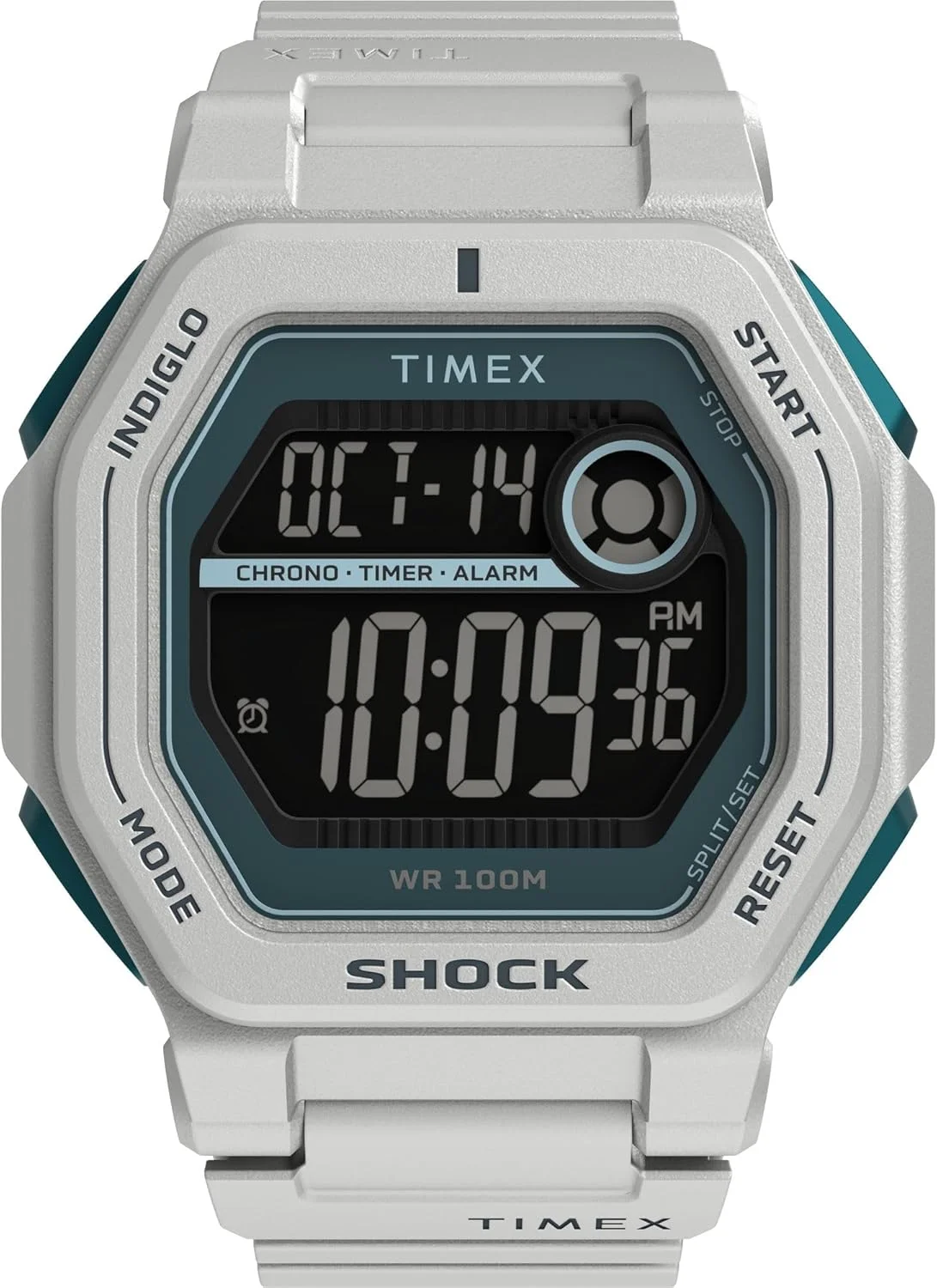 ساعت دیجیتال مردانه TIMEX Command با صفحه مربع مشکی و بند دستبند رزینی سفید، مقاوم در برابر آب - TW2V63600UJ