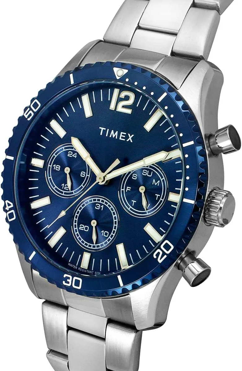 ساعت مچی آنالوگ مردانه TIMEX با صفحه گرد آبی و بند استیل ضد زنگ نقره ای مقاوم در برابر آب - TWEG22203 ساعت مچی آنالوگ مردانه TIMEX با صفحه گرد آبی و بند استیل ضد زنگ نقره ای مقاوم در برابر آب - TWEG22203