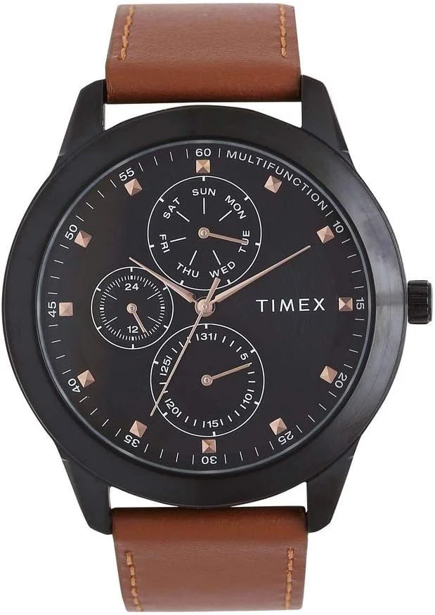 ساعت مچی آنالوگ مردانه TIMEX با صفحه گرد مشکی و بند چرمی قهوه ای روشن مقاوم در برابر آب - TWEG18505