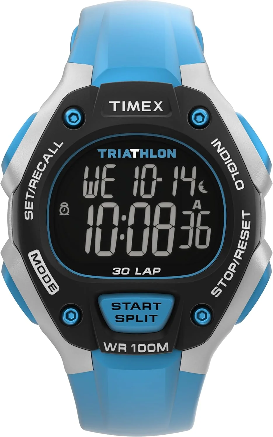 ساعت مچی مردانه تایمکس مدل TW5M67400 Triathlon Classic با قطر 38 میلی‌متر، بند PU آبی دو تکه، صفحه دیجیتال و قاب خاکستری