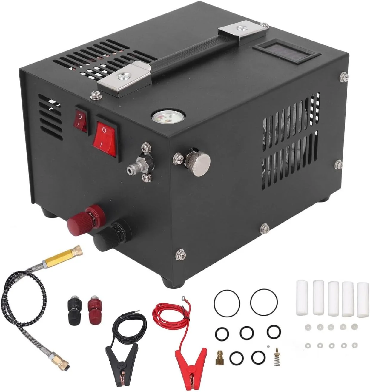 کمپرسور پمپ PCP یوجگوو 4500PSI 0.5 لیتری با 2 ترمینال، کمپرسور هوای فشار قوی با فن خنک کننده کمپرسور پمپ هوا مشکی DC12V