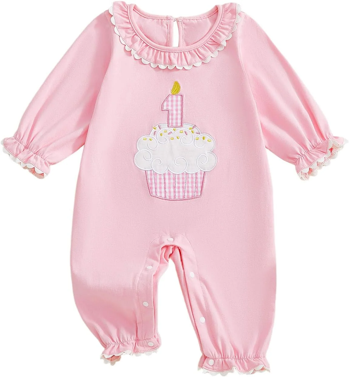 لباس تولد یک سالگی دخترانه Geagodelia، سرهمی بلند آستین بلند نوزادی با یقه گرد چین دار، گلدوزی کیک، لباس یک تکه رامپر برای تولد 1 سالگی