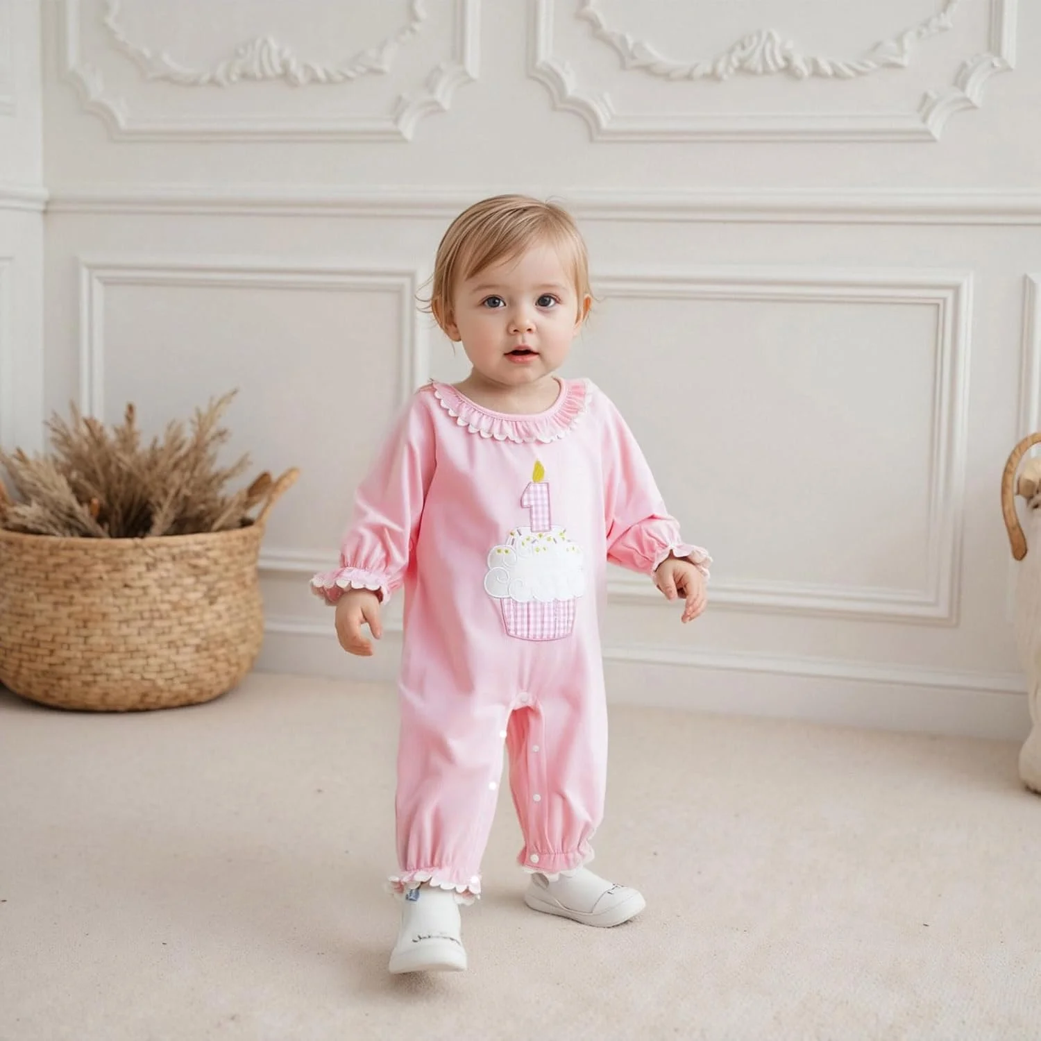 لباس تولد یک سالگی دخترانه Geagodelia، سرهمی بلند آستین بلند نوزادی با یقه گرد چین دار، گلدوزی کیک، لباس یک تکه رامپر برای تولد 1 سالگی
