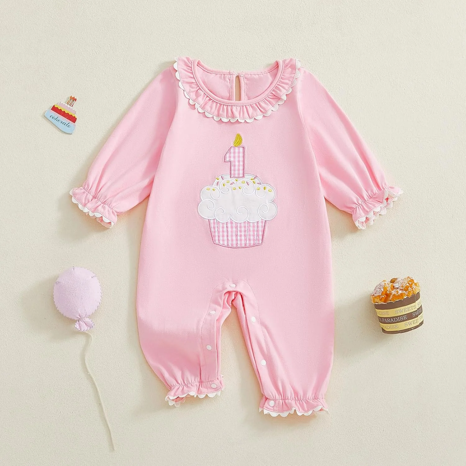 لباس تولد یک سالگی دخترانه Geagodelia، سرهمی بلند آستین بلند نوزادی با یقه گرد چین دار، گلدوزی کیک، لباس یک تکه رامپر برای تولد 1 سالگی