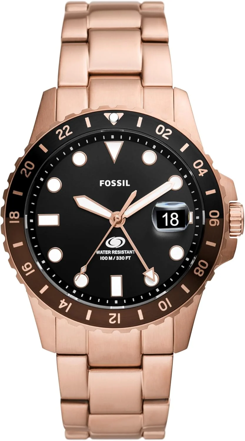 ساعت مچی مردانه فسیل آبی GMT استیل سه عقربه، رنگ: رزگلد/شکلاتی (مدل: FS6027)