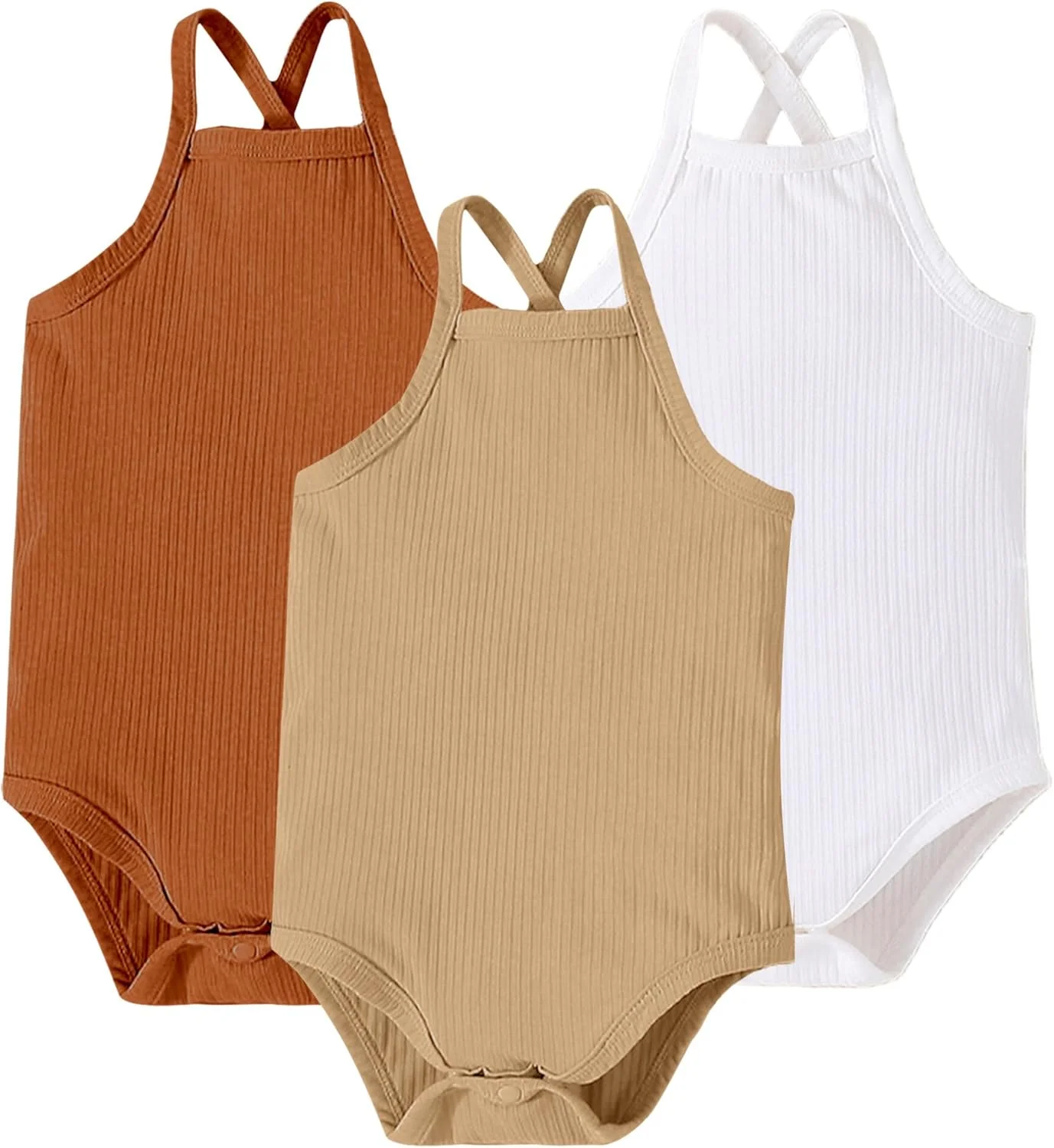 هپی چری - ست 3 تکه بادی بدون آستین نوزادی دخترانه، جلیقه های تابستانی نوزاد، لباس غیر رسمی، تاپ رکابی ساده نرم، بند شانه ای برای 6-24 ماه