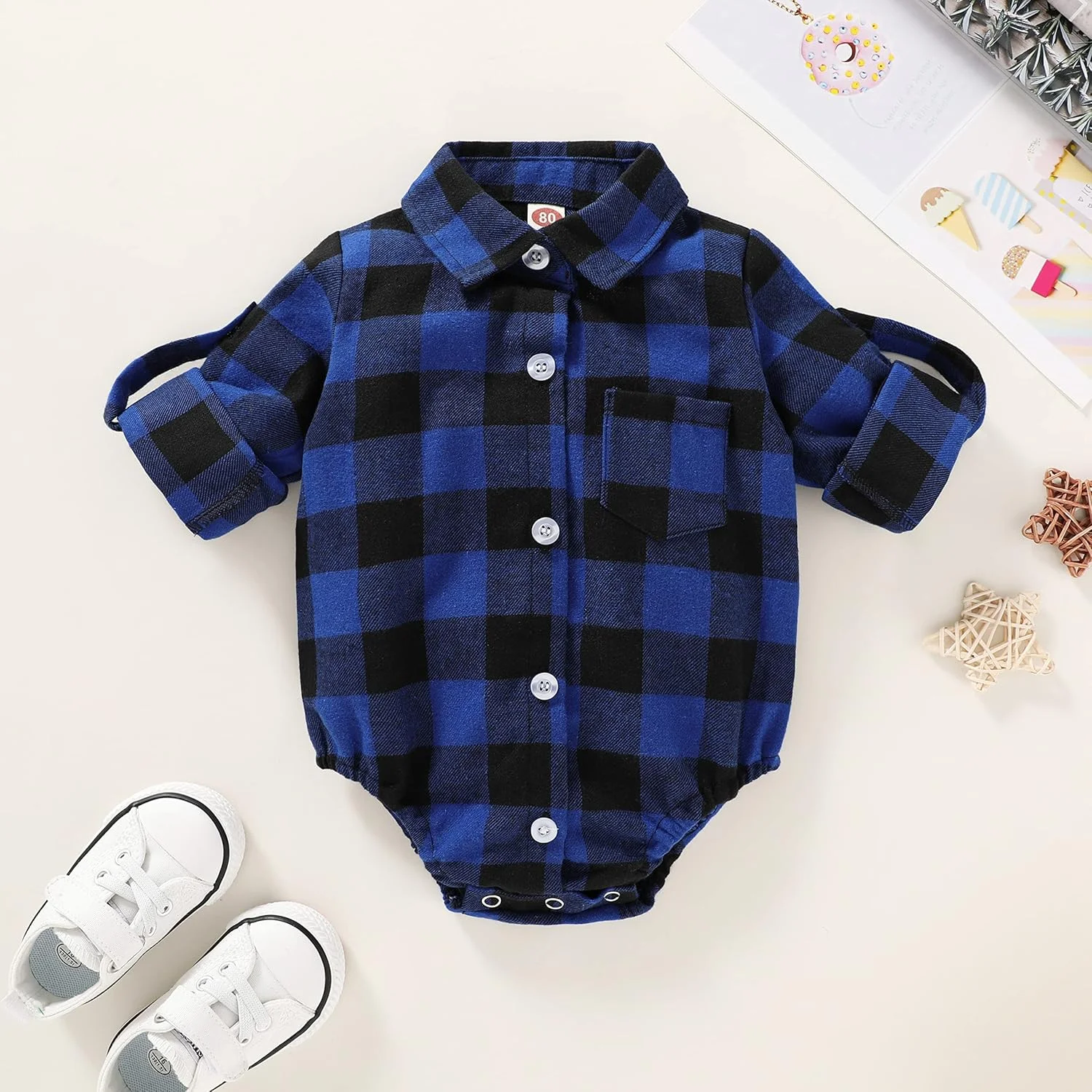 لباس نوزادی پسرانه دخترانه HAPPYMA طرح چهارخانه، رامپر فلانل، تاپ آستین بلند دکمه دار، لباس سرهمی غیر رسمی چهارخانه