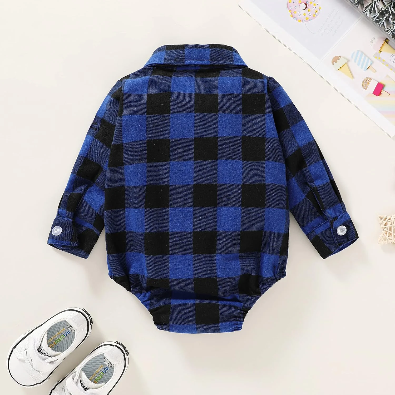 لباس نوزادی پسرانه دخترانه HAPPYMA طرح چهارخانه، رامپر فلانل، تاپ آستین بلند دکمه دار، لباس سرهمی غیر رسمی چهارخانه