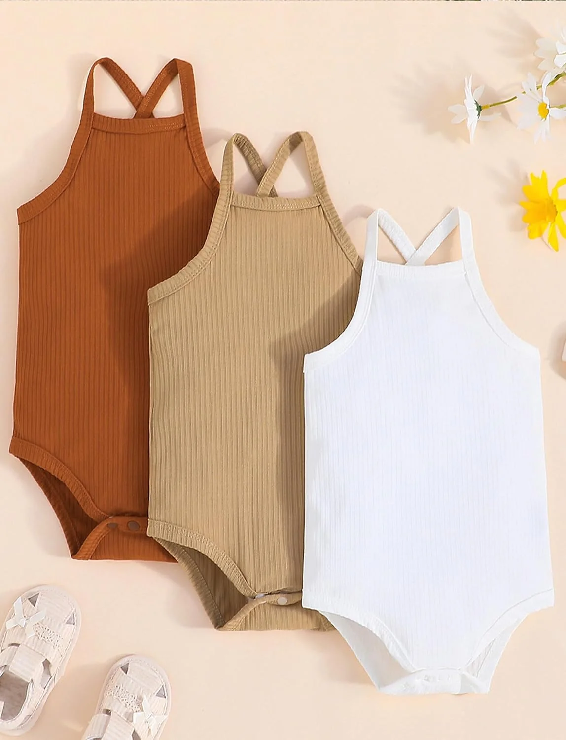 هپی چری - ست 3 تکه بادی بدون آستین نوزادی دخترانه، جلیقه های تابستانی نوزاد، لباس غیر رسمی، تاپ رکابی ساده نرم، بند شانه ای برای 6-24 ماه