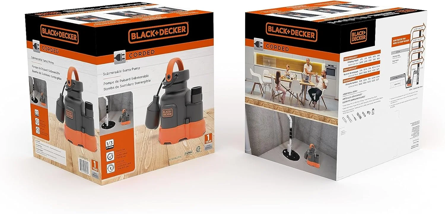 پمپ لجن کش شناور 1/3 اسب بخار Black+Decker، پمپاژ تا 2500 GPH