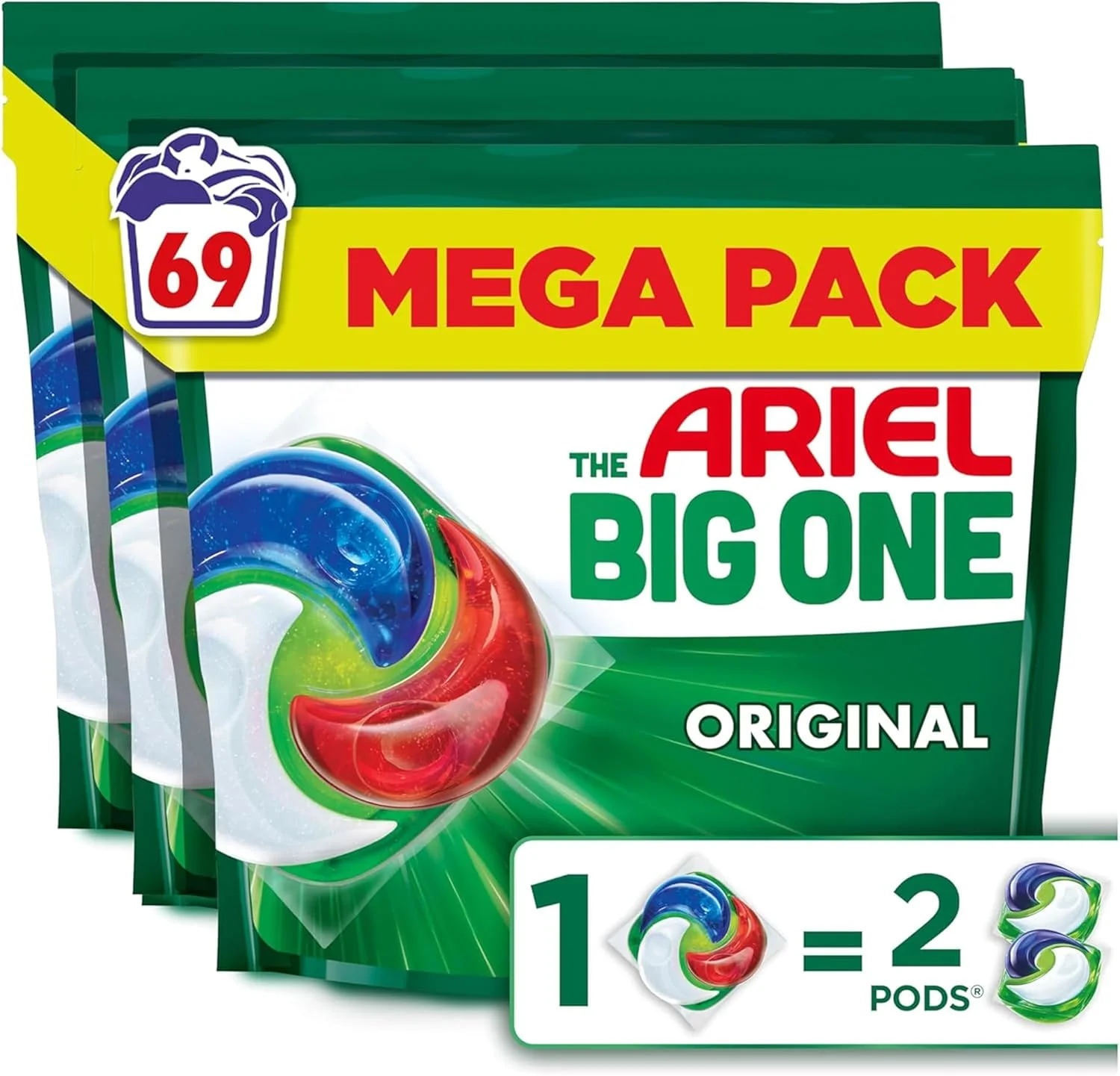 کپسول مایع لباسشویی آریل The Big One مدل Original، قدرت دو برابر در لکه بری و از بین بردن بو، دارای پیش شستشو داخلی، شستشوی مجدد را فراموش کنید - 69 عدد