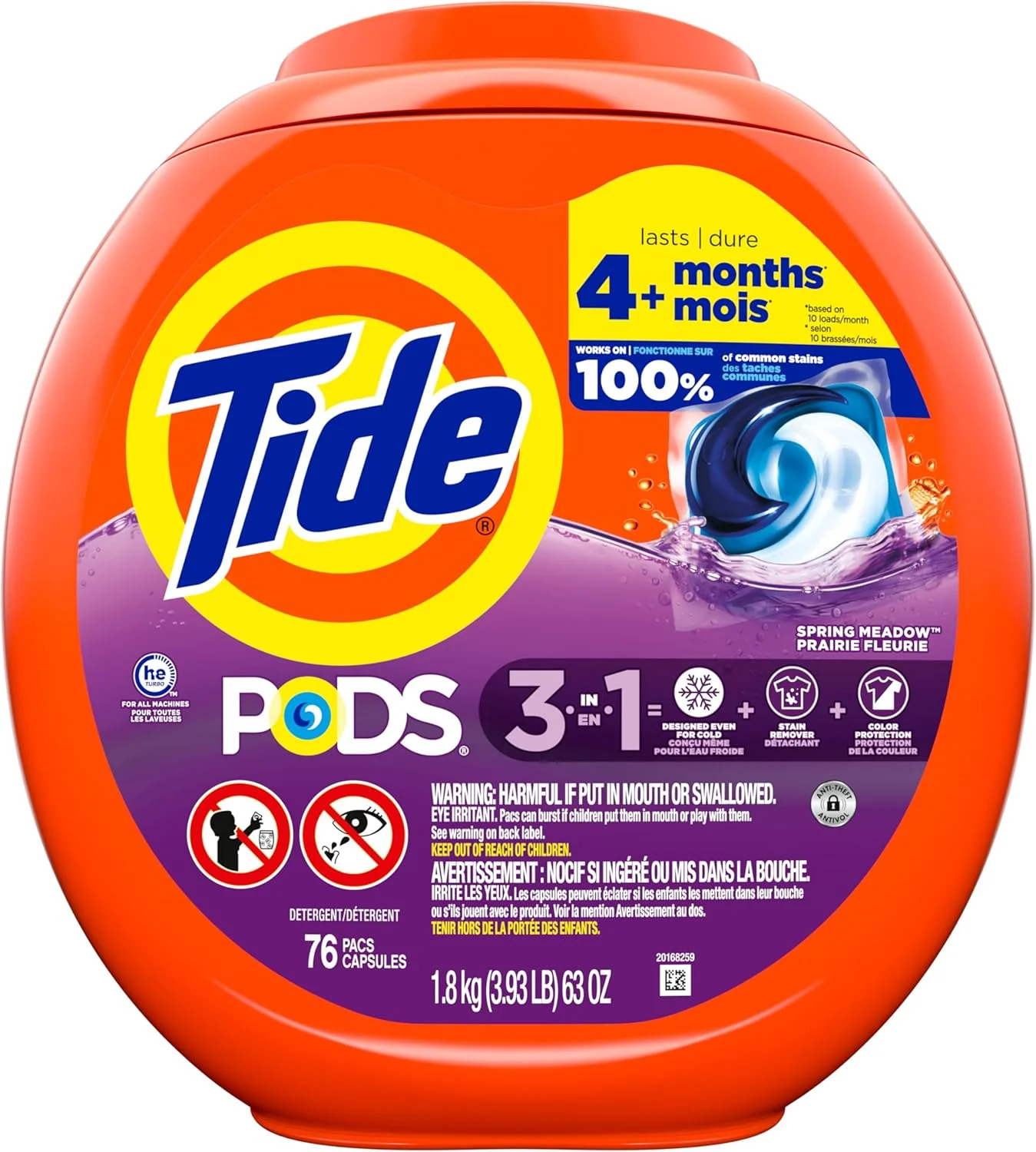 قرص ماشین لباسشویی Tide PODS، شوینده مایع، تمیز کننده قدرتمند 3 در 1 در یک مرحله، سازگار با HE، رایحه بهاری، 76 عدد
