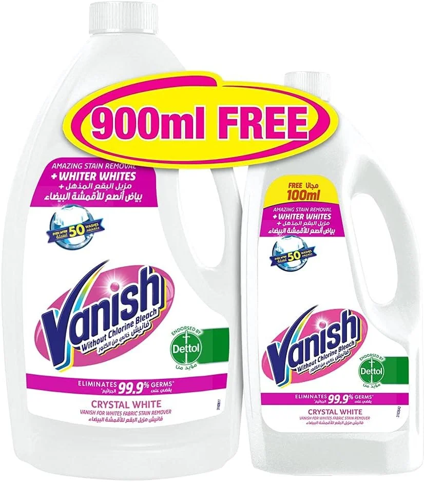 مایع لکه بر لباس های سفید هارپیک Vanish Crystal White، قابل استفاده با یا بدون مواد شوینده و افزودنی، ایده آل برای استفاده در ماشین لباسشویی، 3 لیتر و 900 میلی لیتر، بسته 2 عددی