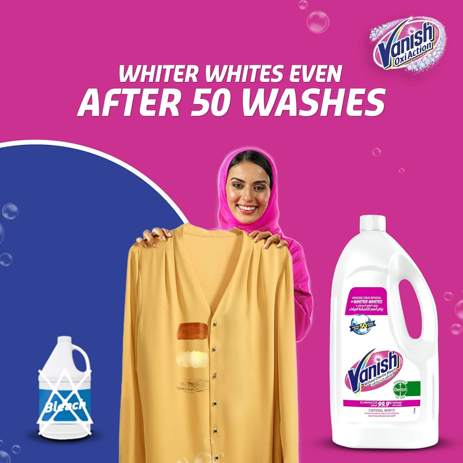 مایع لکه بر لباس های سفید هارپیک Vanish Crystal White، قابل استفاده با یا بدون مواد شوینده و افزودنی، ایده آل برای استفاده در ماشین لباسشویی، 3 لیتر و 900 میلی لیتر، بسته 2 عددی