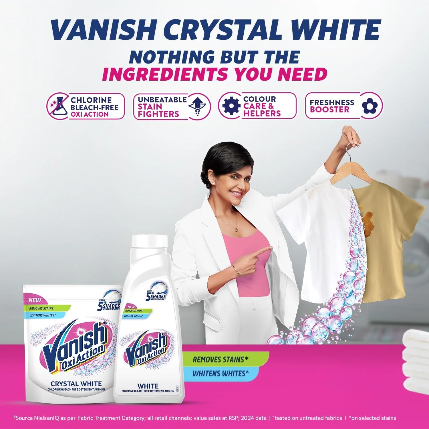 مایع سفید کننده لباس ونیش Crystal White حجم 800 میلی لیتر (بسته 2 عددی)، سفید کننده پارچه | مایع افزودنی شوینده | سفید مثل نو | لکه بر فوری | بدون سفید کننده کلر | مناسب برای استفاده با تمام پودرها و مایعات شوینده