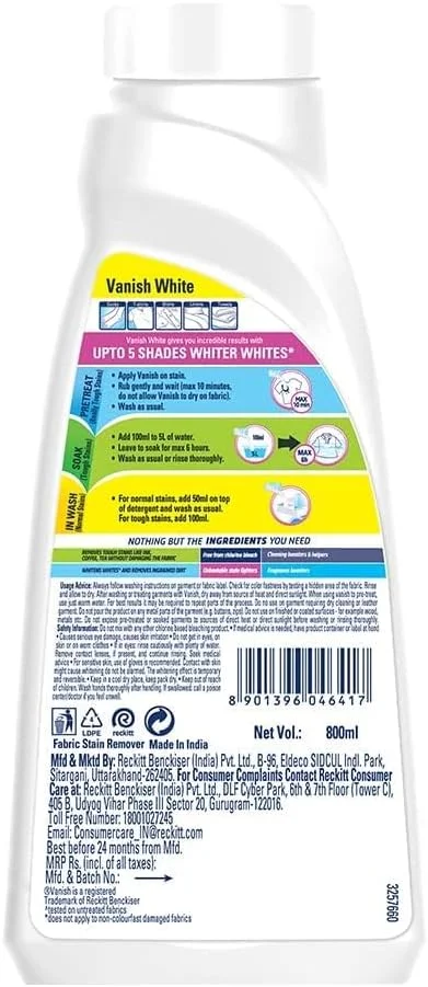 مایع سفید کننده لباس ونیش Crystal White حجم 800 میلی لیتر (بسته 2 عددی)، سفید کننده پارچه | مایع افزودنی شوینده | سفید مثل نو | لکه بر فوری | بدون سفید کننده کلر | مناسب برای استفاده با تمام پودرها و مایعات شوینده
