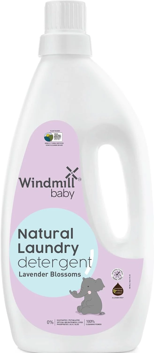مایع لباسشویی کودک ضد حساسیت Windmill baby، دارای گواهی USDA، پایه گیاهی طبیعی، تمیز کننده عمیق با آنزیم های زیستی، رایحه شکوفه های اسطوخودوس - 900 میلی لیتر