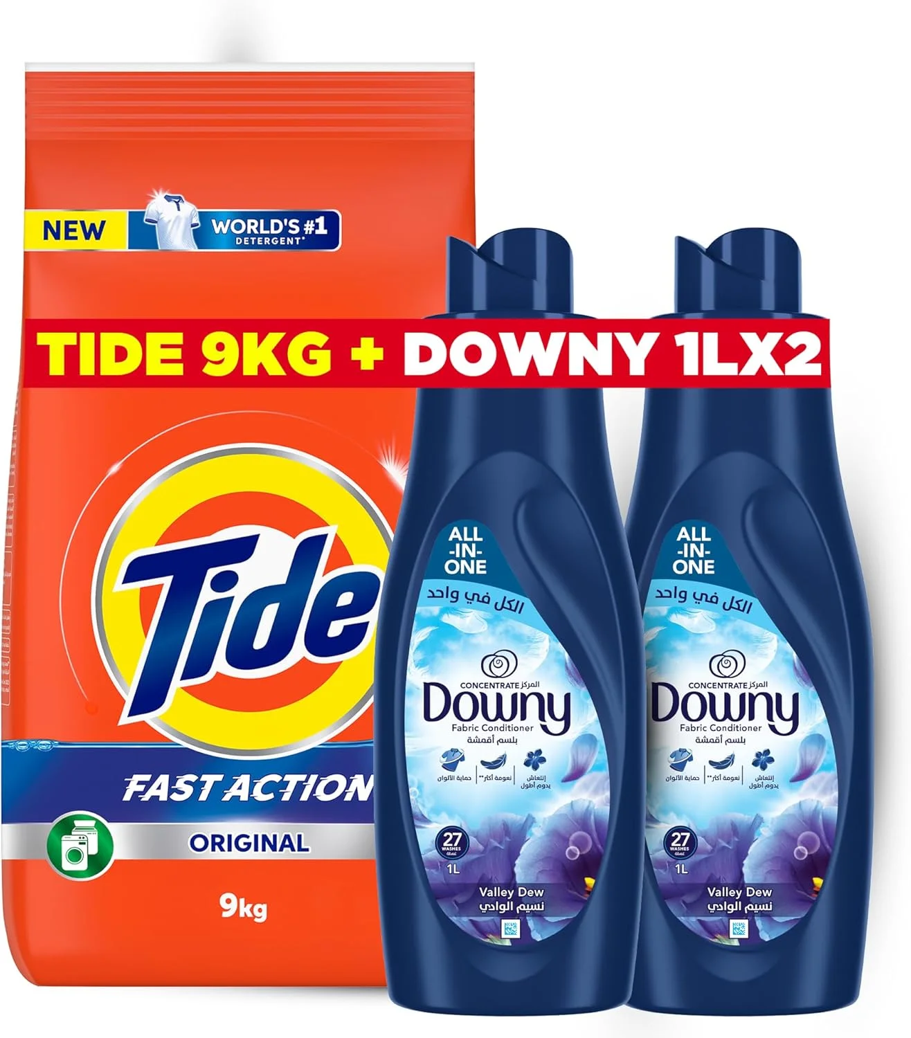 پودر لباسشویی سریع الاثر Tide، ۹ کیلوگرم + بسته اقتصادی نرم کننده حوله و لباس Downy با رایحه شبنم دره، ۲ عدد ۱ لیتری