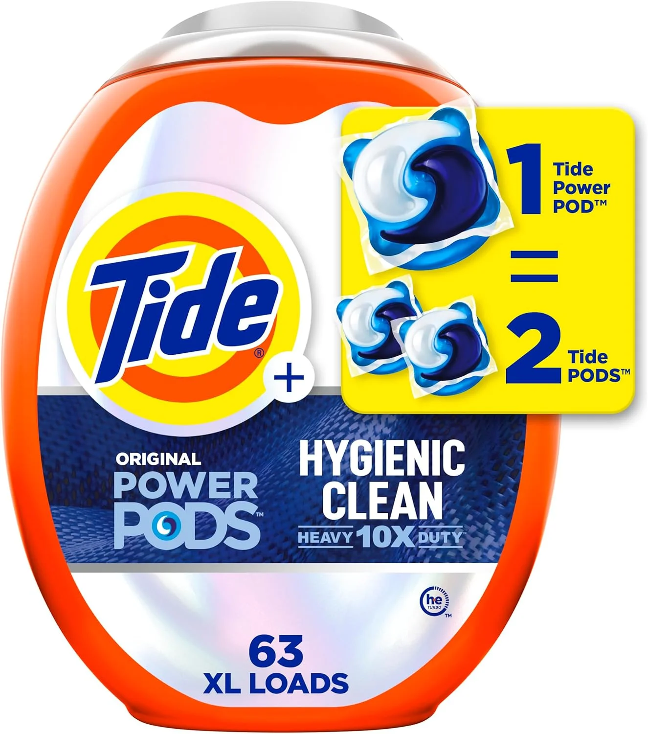 پودر لباسشویی کپسولی تاید Hygienic Clean Heavy 10x Duty Power PODS مدل Original با قدرت پاک کنندگی 10 برابر، 63 عددی، مناسب برای از بین بردن آلودگی های آشکار و پنهان (بسته 1 عددی)