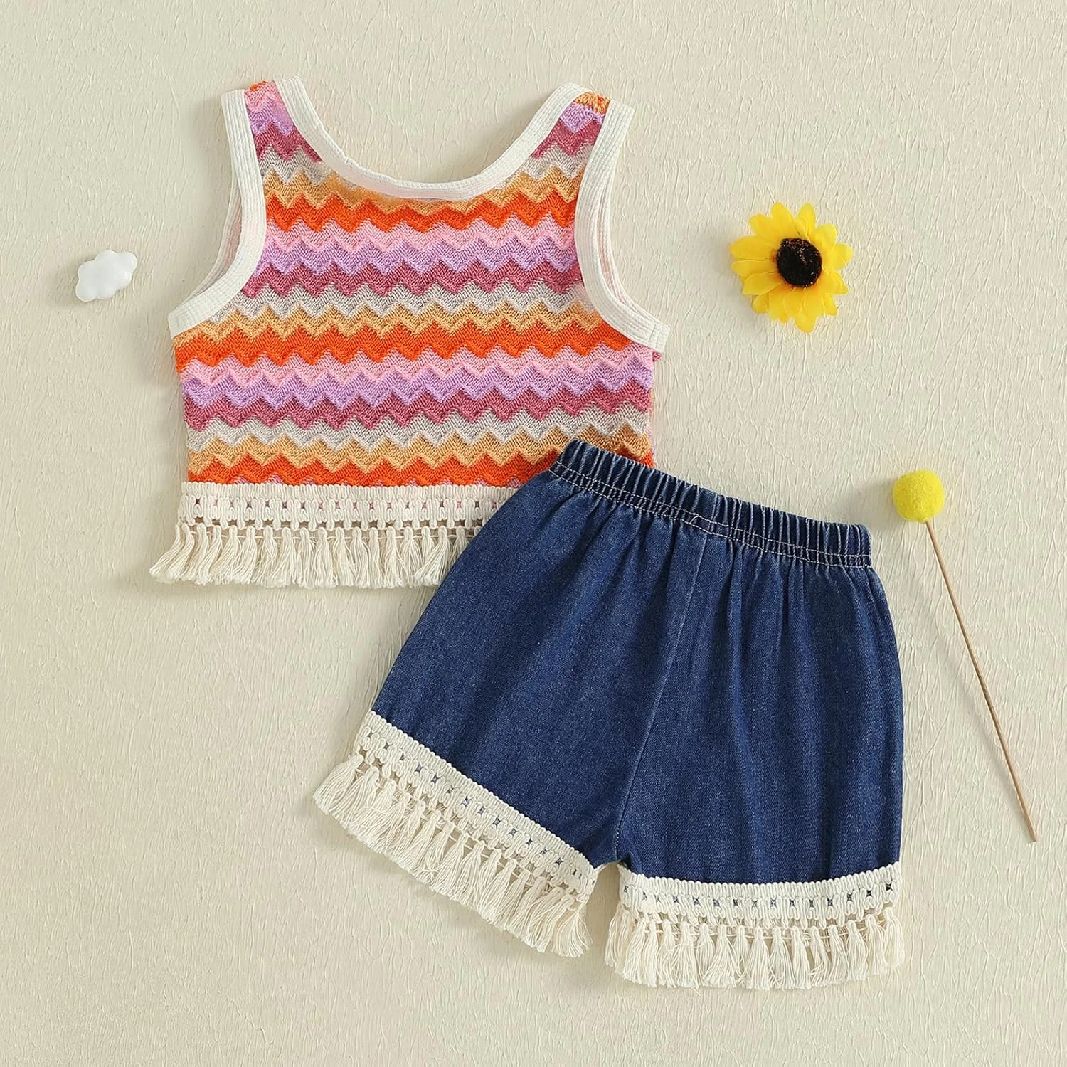BSaogr لباس تابستانی دخترانه بچه گانه، ست تاپ بدون آستین راه راه با حاشیه منگوله دار + شورت جین BSaogr لباس تابستانی دخترانه بچه گانه، ست تاپ بدون آستین راه راه با حاشیه منگوله دار + شورت جین