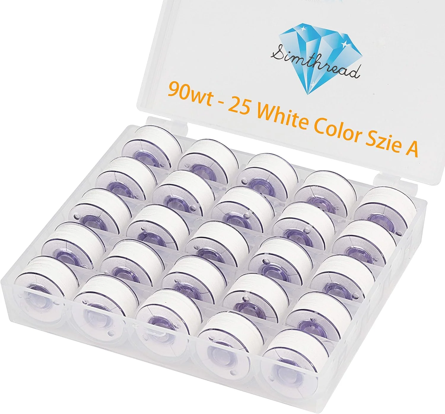 سیم ترید 25 عدد نخ ماسوره از پیش پیچیده شده سفید 90WT سایز A کلاس 15 (SA156) به همراه جعبه پلاستیکی شفاف برای نگهداری، 60S/2 سازگار با نخ گلدوزی برادر، نخ خیاطی، ماشین DIY