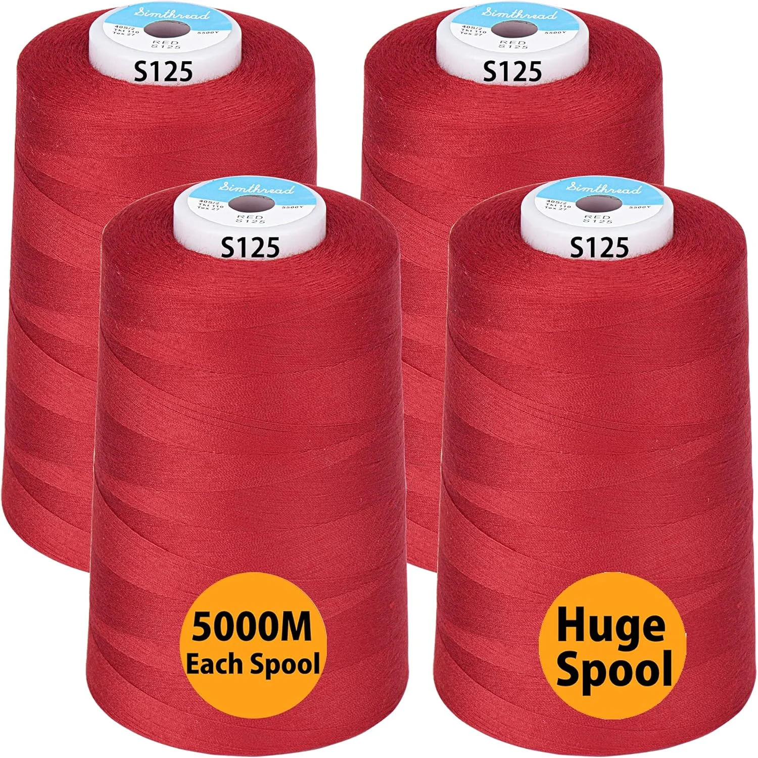 نخ خیاطی همه منظوره Simthread از 100% پلی استر ریسیده شده برای سردوز، اورلاک، مرو، لحاف دوزی، 4 مخروط بزرگ 5000 متری (5500 یارد) - 40S/2 قرمز