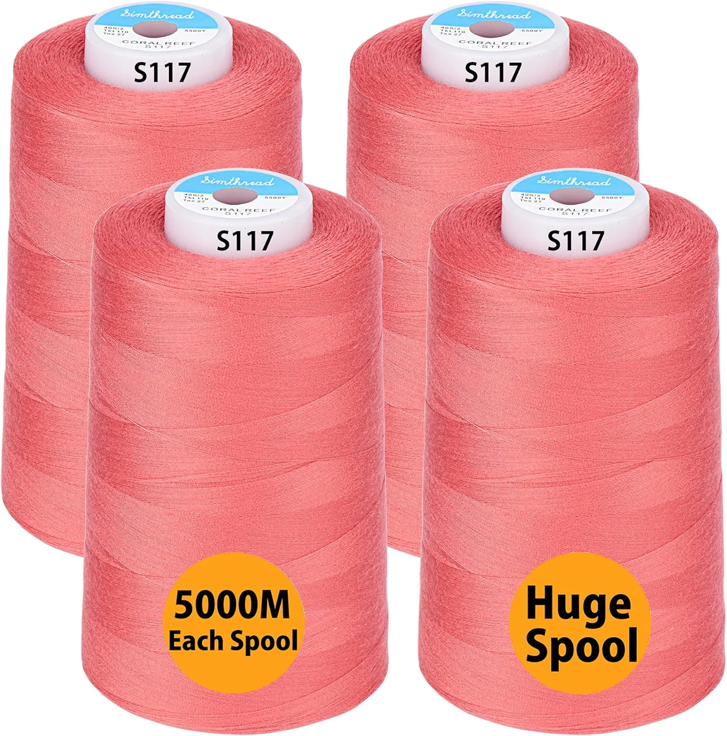 نخ خیاطی همه منظوره Simthread ساخته شده از 100% پلی استر ریسیده شده برای سردوز، اورلاک، مرود، لحاف دوزی 4 مخروط بزرگ 5000 متری (5500 یارد) - 40S/2 مرجانی