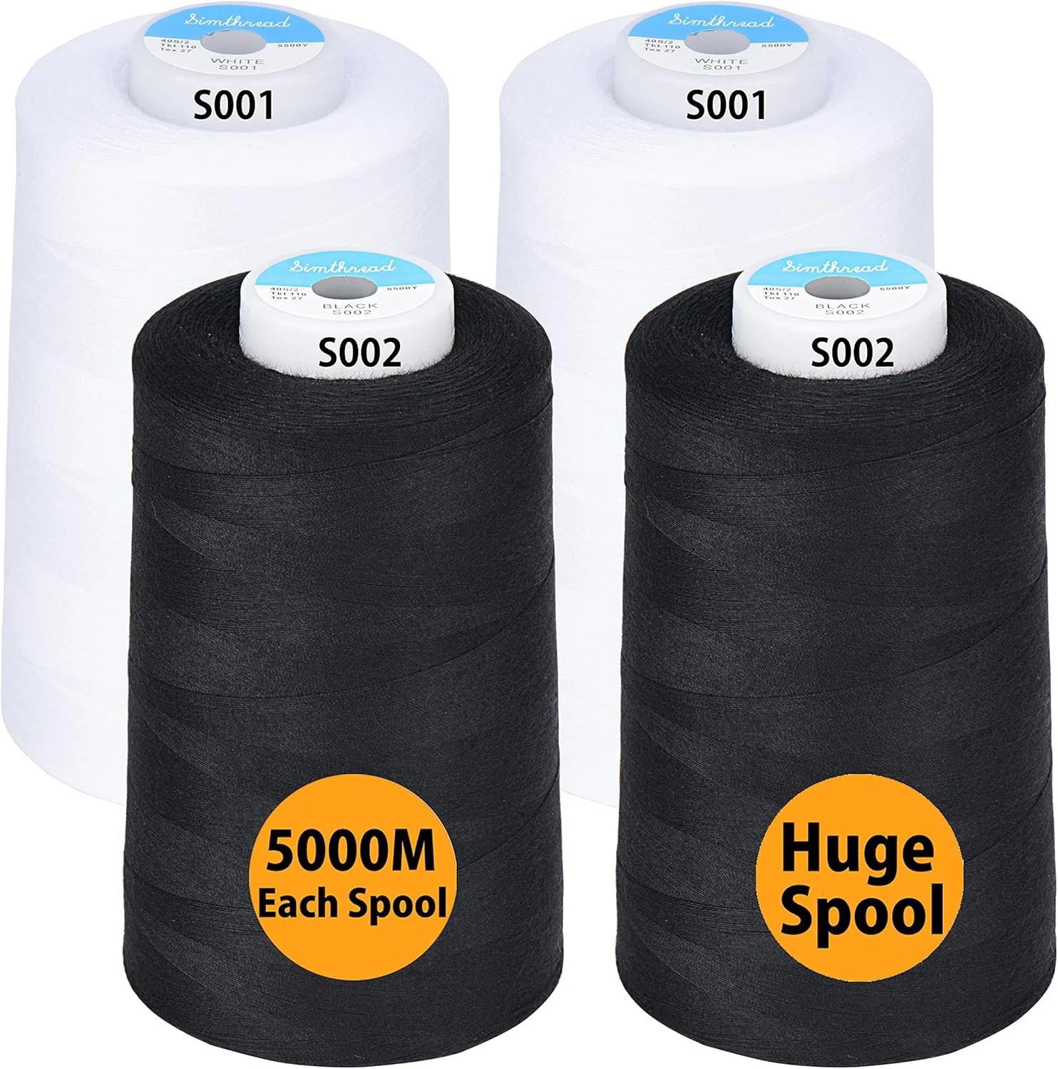 نخ خیاطی چند منظوره Simthread ساخته شده از 100% پلی استر ریسیده شده برای سردوز، اورلاک، مرو، لحاف دوزی، 4 مخروط بزرگ 5000 متری (5500 یارد) - 40S/2 2 سفید + 2 مشکی