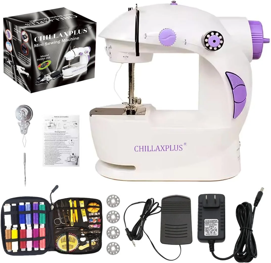 دستگاه دوخت CHILLAXPLUS - چرخ خیاطی قابل حمل برای مصارف خانگی با کیت خیاطی 12 نخ و پدال پا، ماشین سیلای کوچک - ابزار خیاطی جمع و جور - سفید