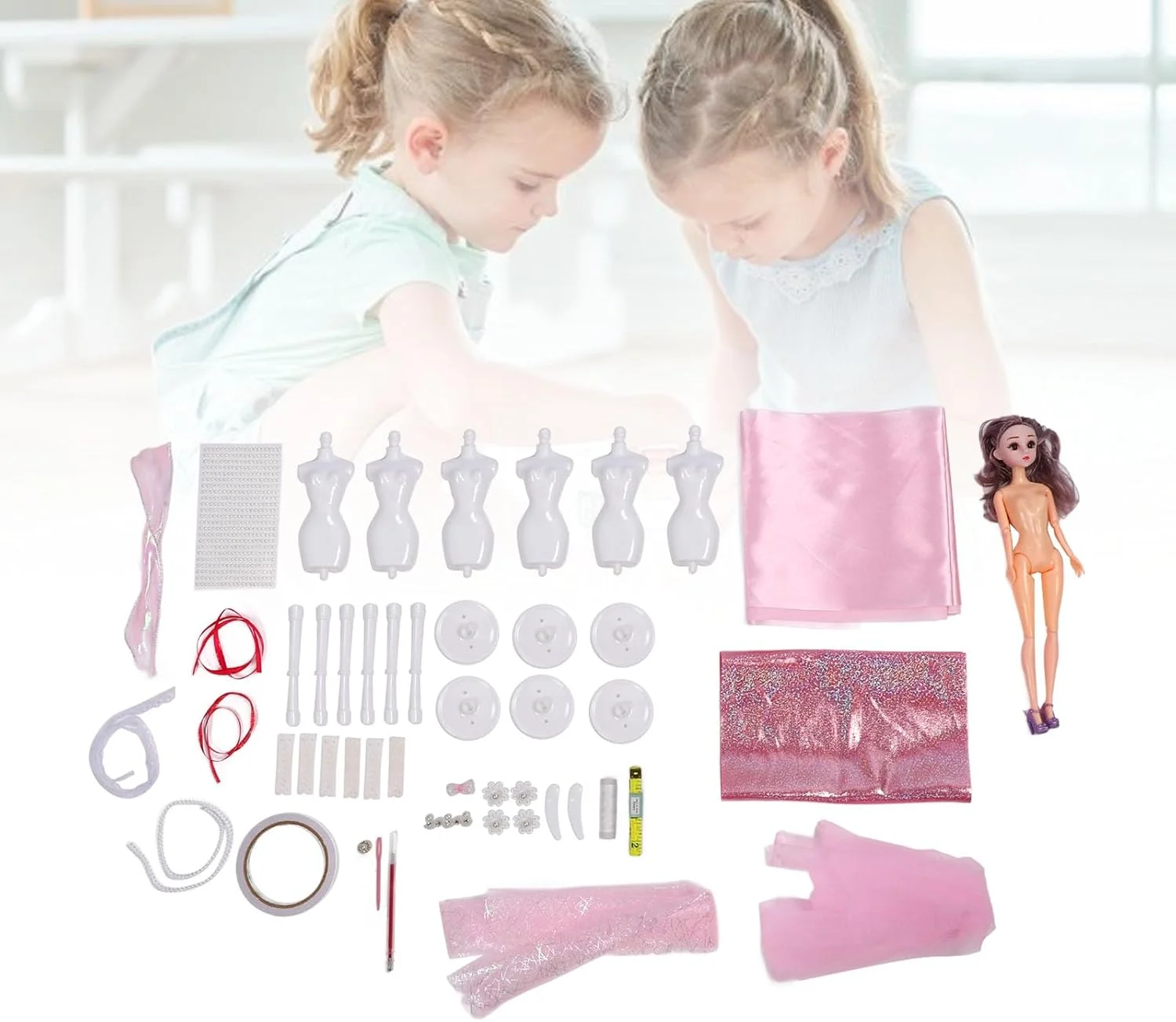 ست ساخت لباس عروسک: خلق لباس های فانتزی و خاص برای دختران به همراه 6 مانکن، اسباب بازی هنری و کاردستی، بدون نیاز به سوزن و دوخت