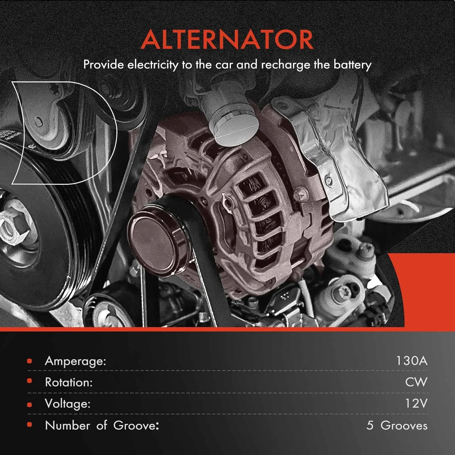 دینام A-Premium سازگار با لکسوس LS430 2004-2006 V8 4.3L، GS430 2006-2007 V8 4.3L، 12 ولت 130 آمپر پولی 5 شیاره چرخش در جهت عقربه های ساعت، جایگزین# 27060-50340, 2706050340