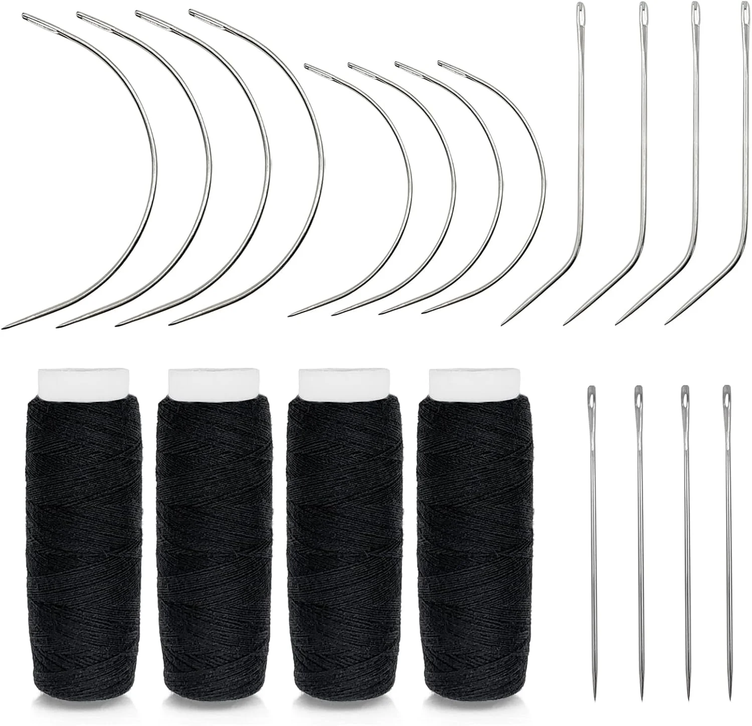 ست 20 عددی سوزن مو و نخ مشکی برای ساخت کلاه گیس، سوزن های خمیده شکل C/J بزرگ، متوسط و کوچک و سوزن I برای دوخت دستی مو و اکستنشن مو ست 20 عددی سوزن مو و نخ مشکی برای ساخت کلاه گیس، سوزن های خمیده شکل C/J بزرگ، متوسط و کوچک و سوزن I برای دوخت دستی مو و اکستنشن مو