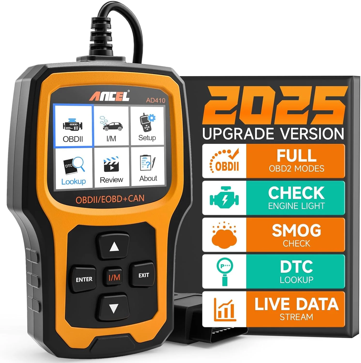اسکنر پیشرفته OBD2 ANCEL AD410، دستگاه خواندن کد خودرو برای خاموش کردن فوری چراغ چک موتور، ابزار اسکن عیب یابی خودرو OBD II، ابزار اسکن جهانی برای تمام خودروهای OBDII سال 1996 به بعد، مشکی/زرد