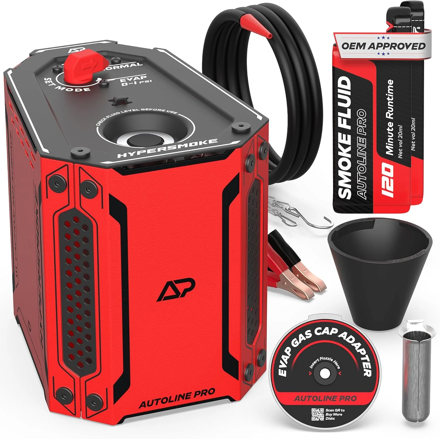 دستگاه تست نشت یابی دود خودرو AutoLine Pro HyperSmoke™ - تست کننده نشت خلاء EVAP - فشار قابل تنظیم - مایع دود مورد تایید OEM - موتور کمپرسور هوای داخلی - شامل آداپتور EVAP مخروطی و درب باک.