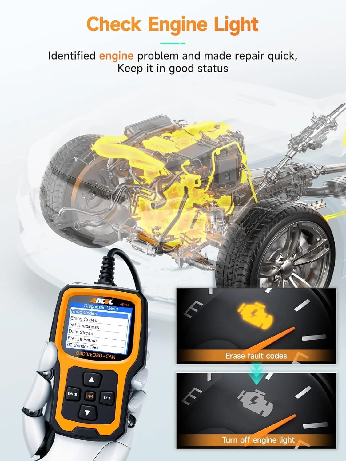 اسکنر پیشرفته OBD2 ANCEL AD410، دستگاه خواندن کد خودرو برای خاموش کردن فوری چراغ چک موتور، ابزار اسکن عیب یابی خودرو OBD II، ابزار اسکن جهانی برای تمام خودروهای OBDII سال 1996 به بعد، مشکی/زرد