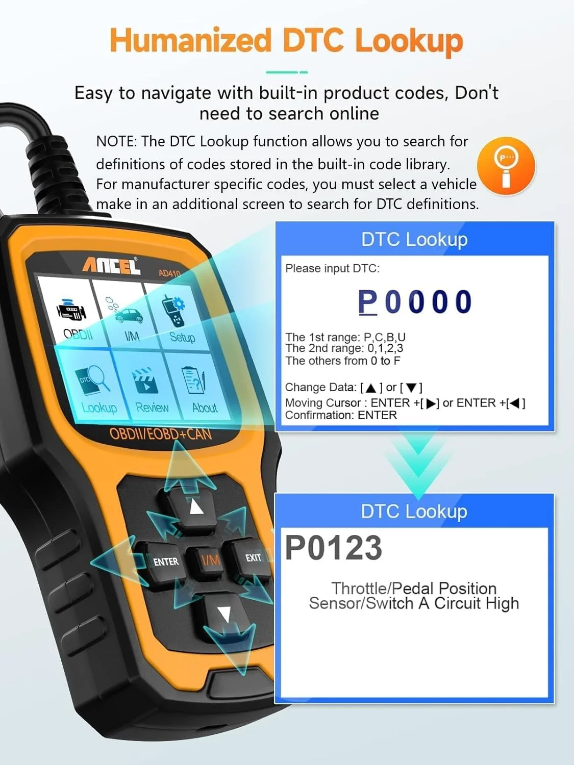 اسکنر پیشرفته OBD2 ANCEL AD410، دستگاه خواندن کد خودرو برای خاموش کردن فوری چراغ چک موتور، ابزار اسکن عیب یابی خودرو OBD II، ابزار اسکن جهانی برای تمام خودروهای OBDII سال 1996 به بعد، مشکی/زرد