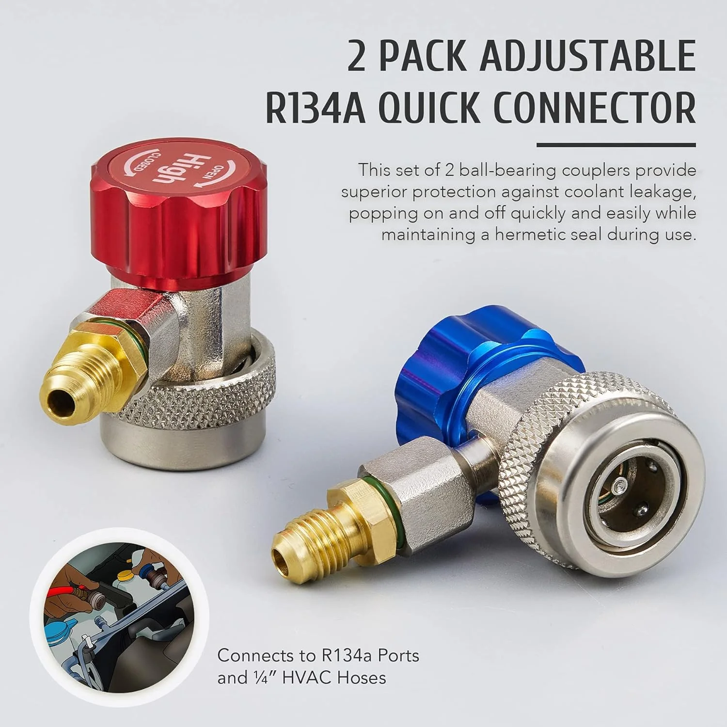 اتصالات سریع قابل تنظیم R134a MAKINGTEC، آداپتورهای قابل تنظیم R134a و اتصالات شیلنگ AC، کانکتورهای HP و LP برای تخلیه، شارژ مجدد و موارد دیگر سیستم AC خودرو R134a، شعله ور 1/4 اینچی، مجموعه 2 عددی