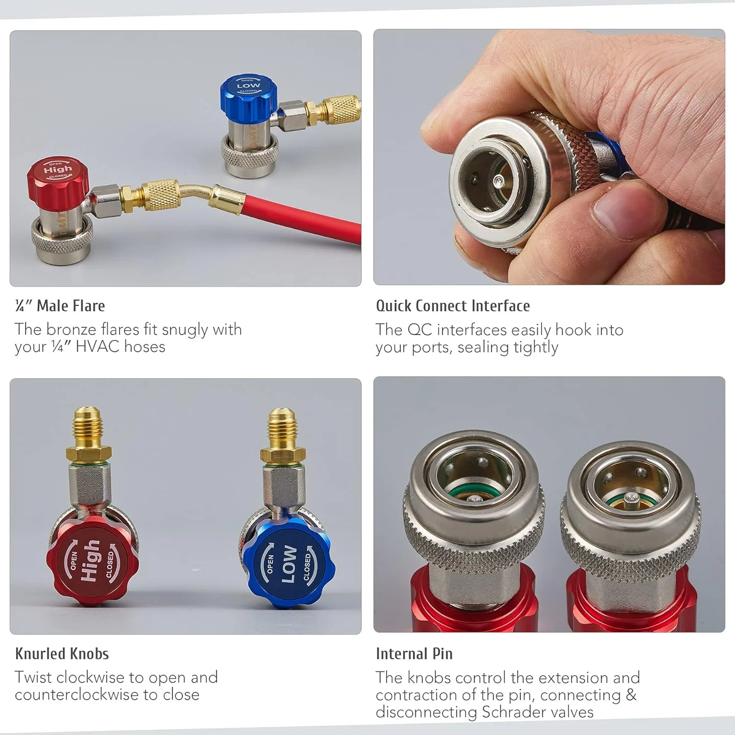 اتصالات سریع قابل تنظیم R134a MAKINGTEC، آداپتورهای قابل تنظیم R134a و اتصالات شیلنگ AC، کانکتورهای HP و LP برای تخلیه، شارژ مجدد و موارد دیگر سیستم AC خودرو R134a، شعله ور 1/4 اینچی، مجموعه 2 عددی