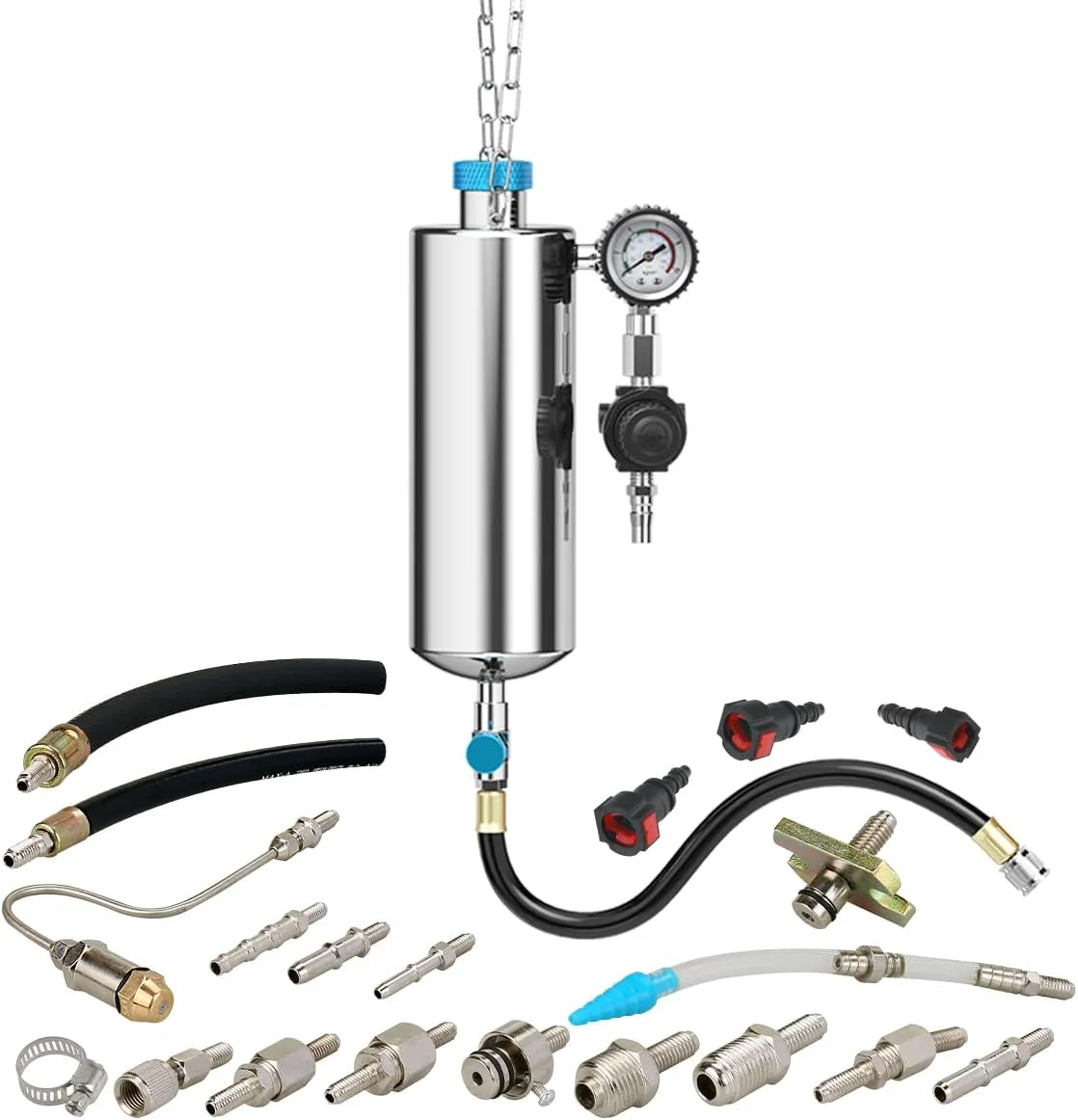 کیت ابزار تمیز کننده انژکتور سوخت 1000ML 150PSI، تمیز کننده سیستم تزریق سوخت بدون جداسازی، تنظیم فشار، دستگاه تمیز کننده انژکتور سوخت با 20 عدد آداپتور برای سیستم دریچه گاز/ورودی خودروهای بنزینی