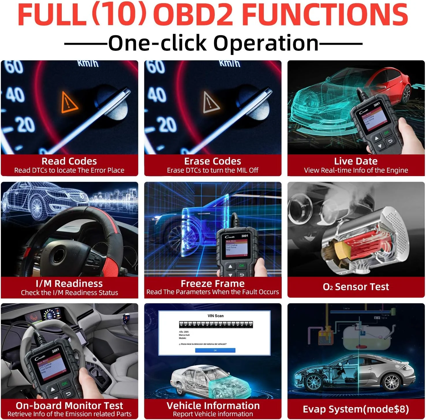 اسکنر LAUNCH CReader 3001 OBD2، ابزار حرفه ای عیب یابی خودرو، خواننده کد خطای خودرو OBD II EOBD، ابزار اسکن چراغ چک موتور DTCs، پشتیبانی از سنسور O2، تست سیستم Evap