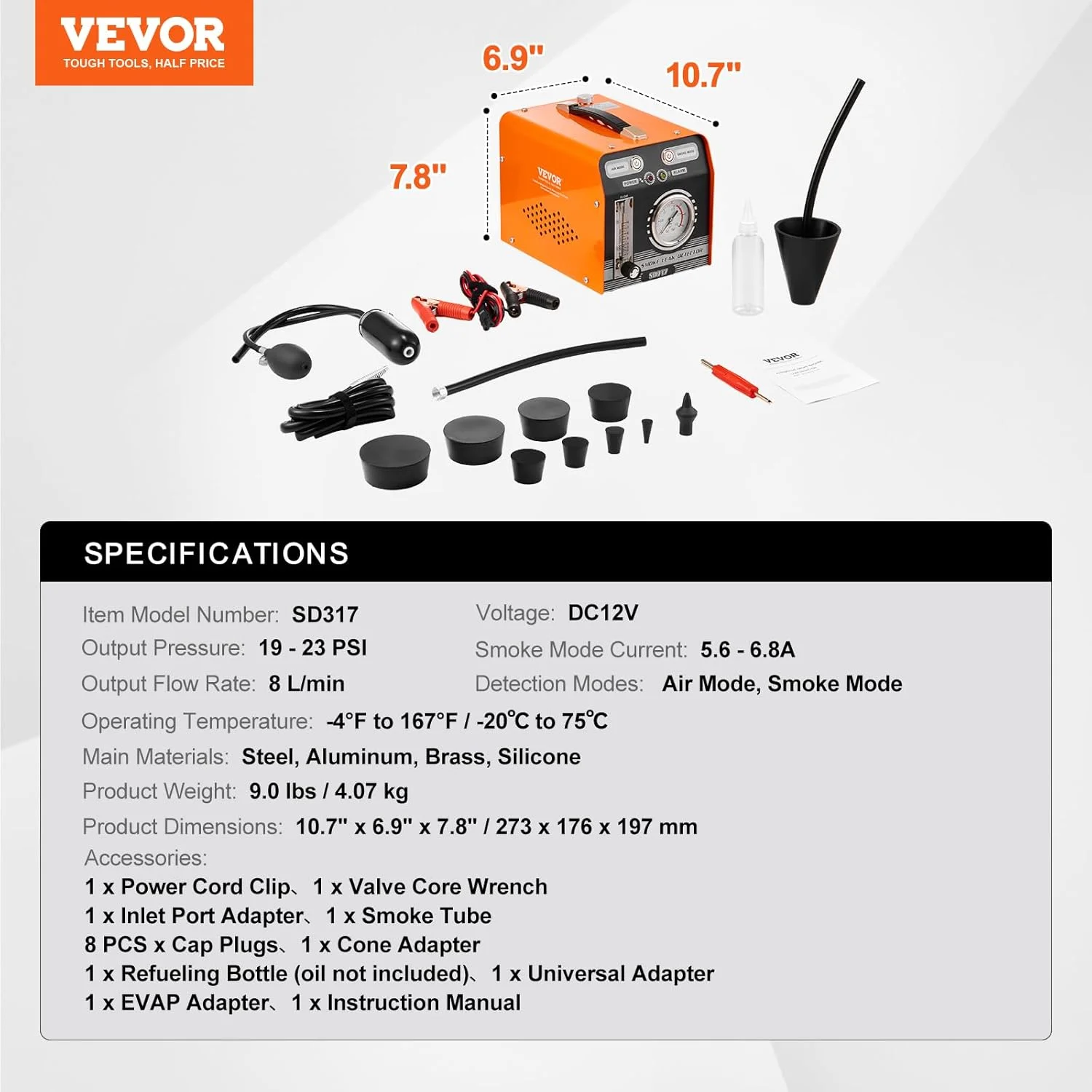 دستگاه دود ساز خودرو VEVOR، آشکارساز نشتی 8 لیتر در دقیقه، دستگاه دود ساز خودرو، حالت هوا و حالت دود، دو مدل، آشکارساز نشتی با فشارسنج و پمپ های هوا، آشکارساز نشتی برای سیستم های EVAP