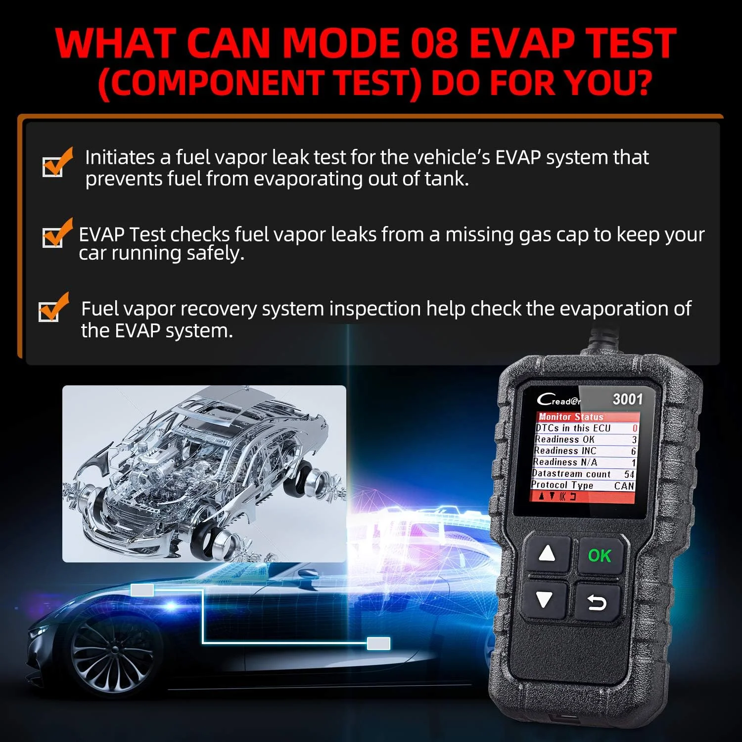 اسکنر LAUNCH CReader 3001 OBD2، ابزار حرفه ای عیب یابی خودرو، خواننده کد خطای خودرو OBD II EOBD، ابزار اسکن چراغ چک موتور DTCs، پشتیبانی از سنسور O2، تست سیستم Evap