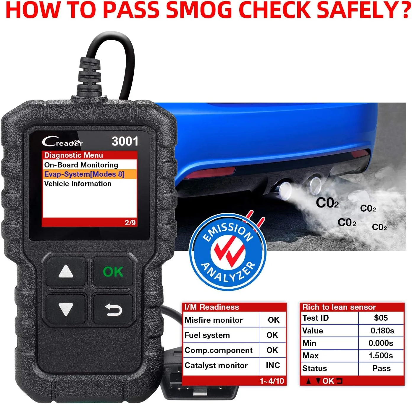 اسکنر LAUNCH CReader 3001 OBD2، ابزار حرفه ای عیب یابی خودرو، خواننده کد خطای خودرو OBD II EOBD، ابزار اسکن چراغ چک موتور DTCs، پشتیبانی از سنسور O2، تست سیستم Evap