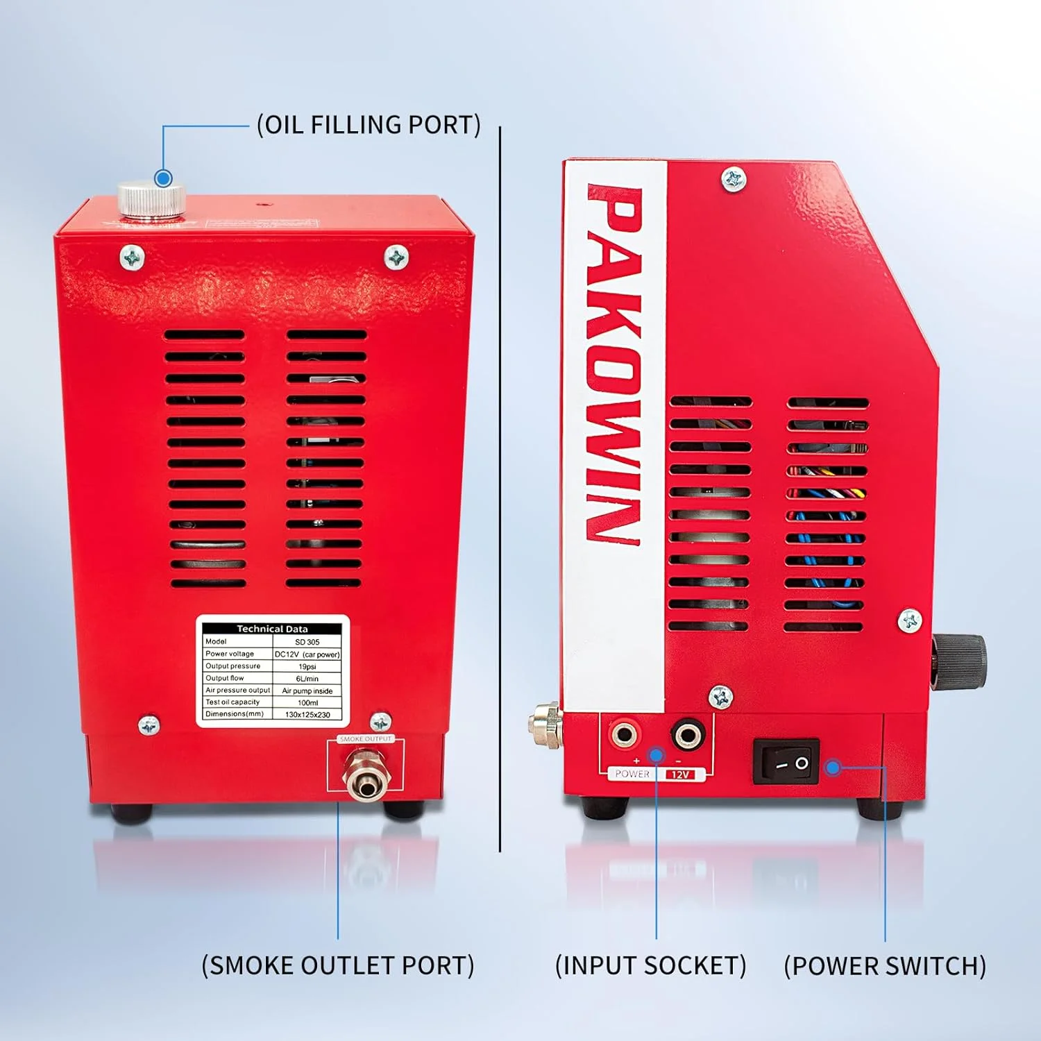 دستگاه نشت یاب دود خودرو PAKOWIN 12V DC با نشانگر فشار - تستر تشخیصی خلاء EVAP برای سیستم لوله چند منظوره - قرمز