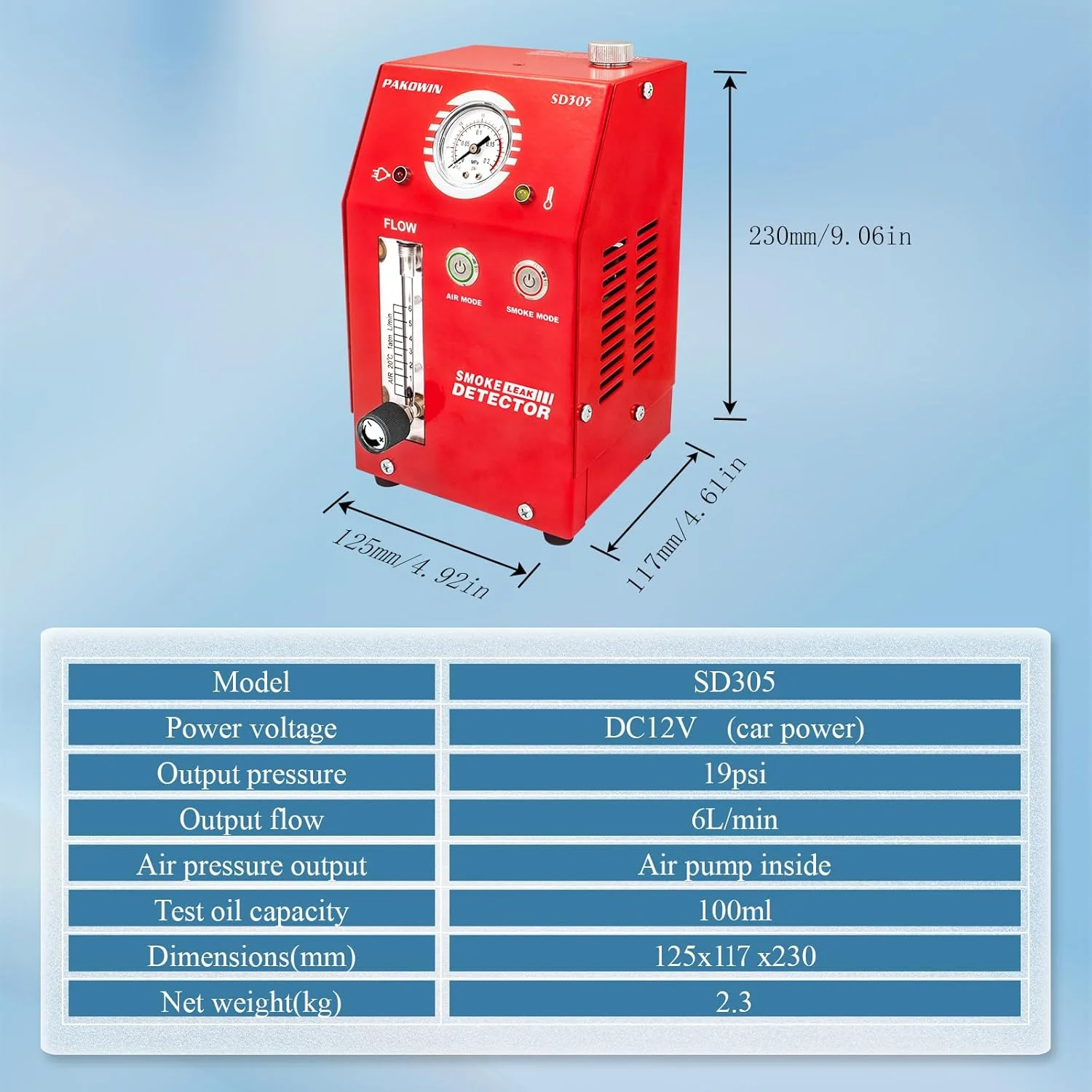 دستگاه نشت یاب دود خودرو PAKOWIN 12V DC با نشانگر فشار - تستر تشخیصی خلاء EVAP برای سیستم لوله چند منظوره - قرمز