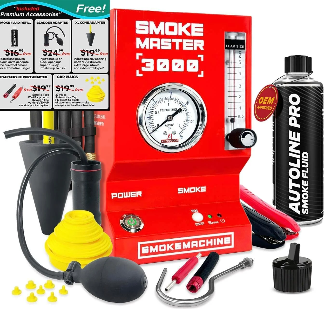 دستگاه نشت یاب دود خودرو AutoLine Pro *مدل جدید 2025* - آشکارساز نشت EVAP با کمپرسور هوای داخلی - مدل 3000 - کیت ابزار آشکارساز دود اگزوز خلاء EVAP - قرمز